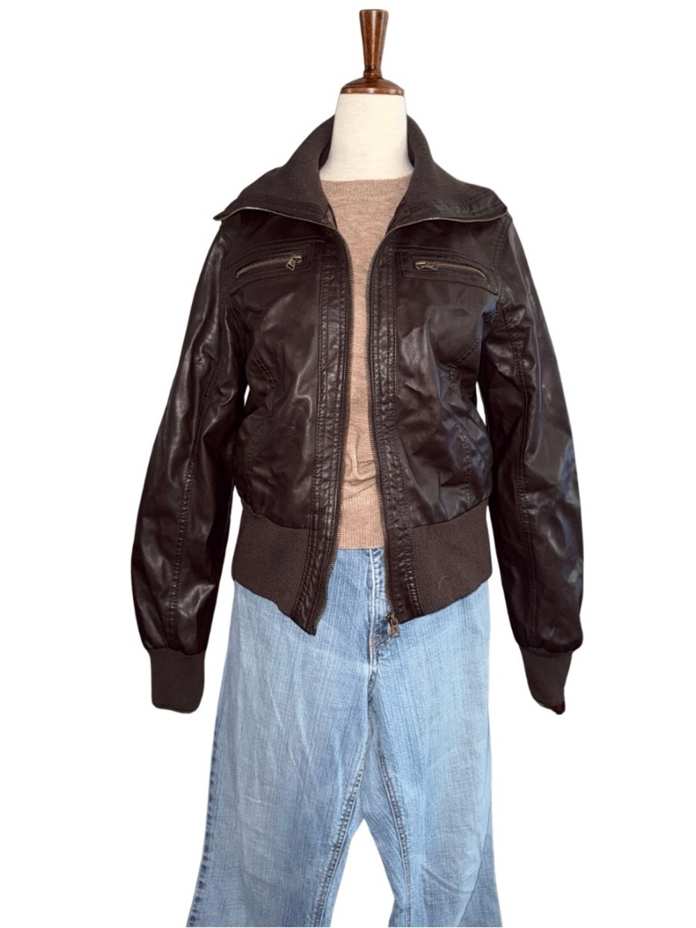Chocolate Brown Vegan Leather Bomber
Jacket Moto Aviator Fall 2X